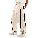 Fisoew Women's Baggy Wide Leg Pants Casual Drawstring Elastic Waisted Contrast Color Workout Y2K Track Pants