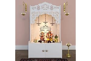 HOMSCAPE Lotus Tranquility Wooden Pooja Mandir for Home with Spacious Shelf & Inbuilt Focus Light - - Temple for Home Floor Rested Pooja Mandir with Doors 31" Height
