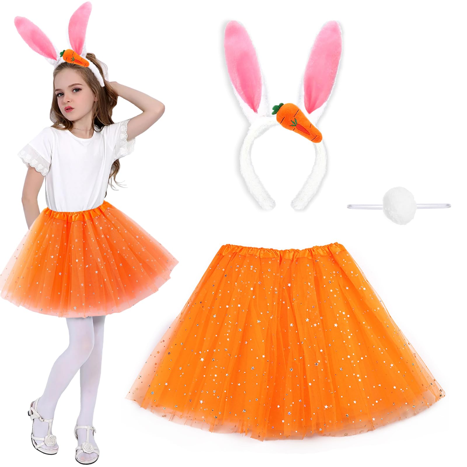 GugnRyAc 3 Pcs Easter Bunny Costume for Girls, Orange Rabbit Dress Up Outfit with Headband, Tutu Skirt, Tail, for 3-10y Kids Carnival Cosplay Costume