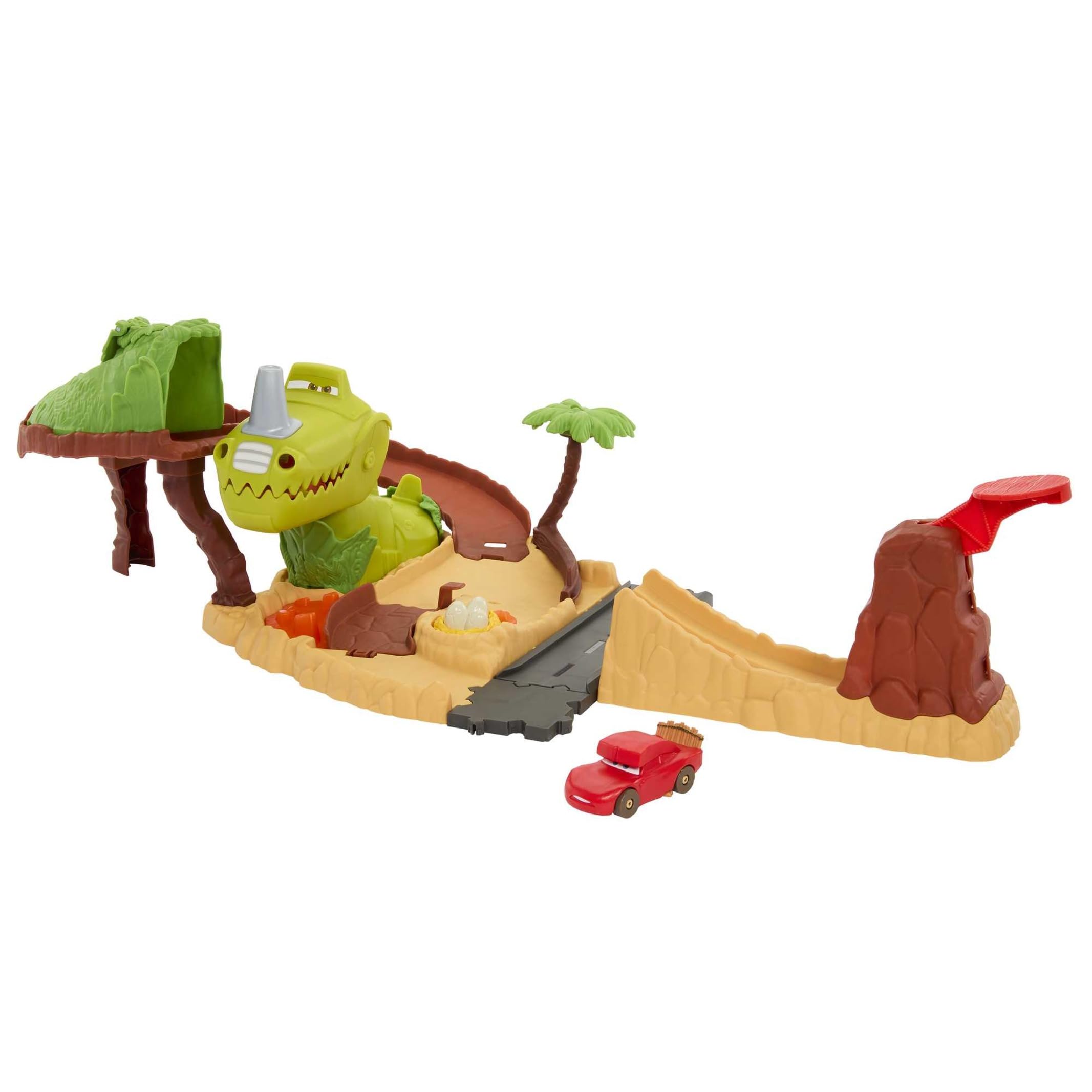 Mattel Disney and Pixar’s Cars Toys, Dinosaur Playground Playset with Lightning McQueen Toy Car, Dinosaur and Kid-Activated Action, Cars On The Road, HNL99