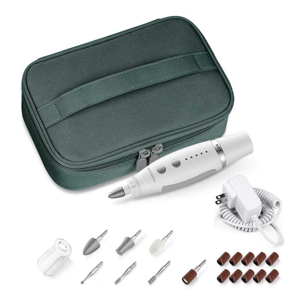 SEEKONE Electric Manicure and Pedicure Set, Professional Powerful Nail Drill Kit Salon Quality Nail File Tools for Foot and Hand Care with 7 Attachments, 5 Speed Settings and Storage Case (White) : Beauty
