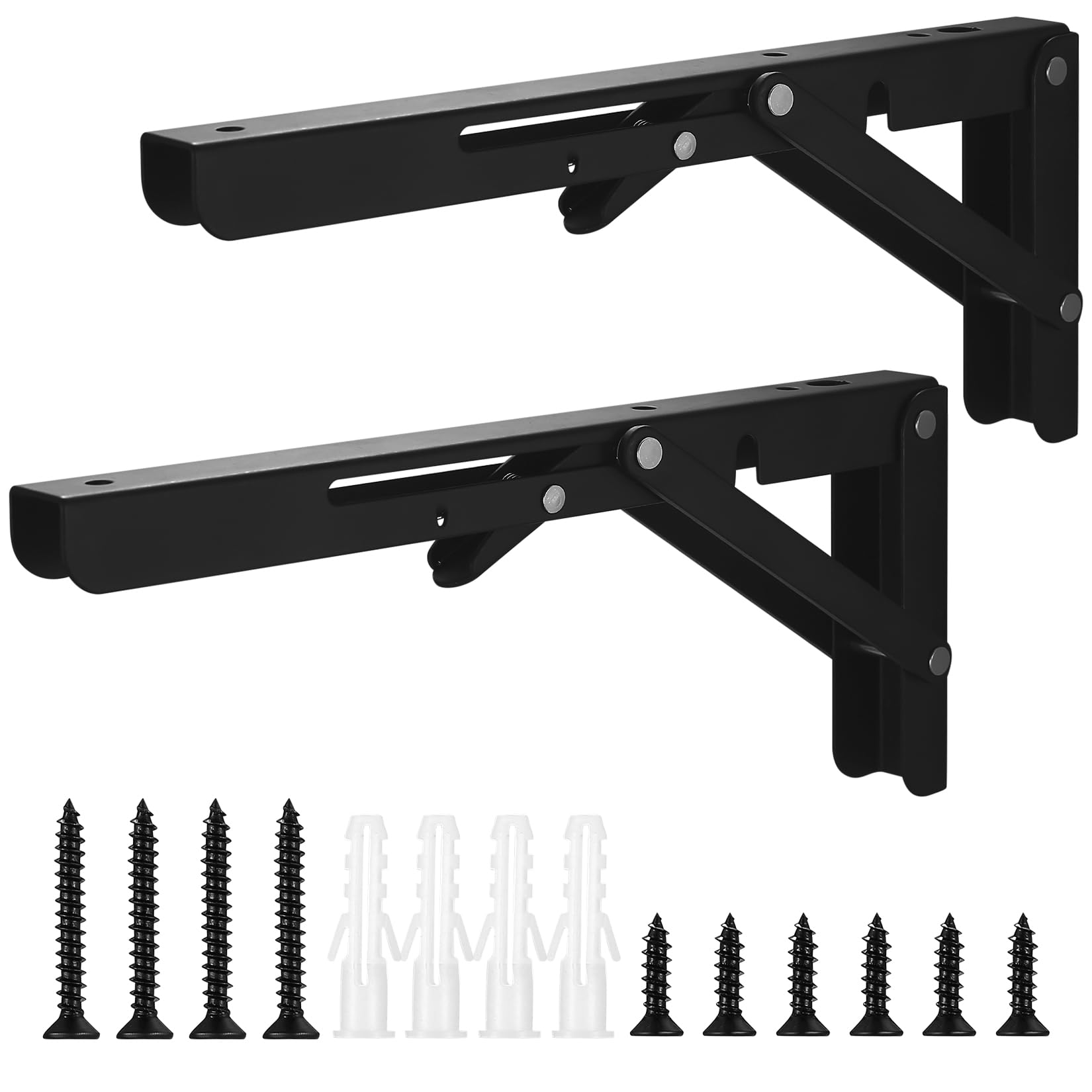 Qeapug Folding Shelf Brackets, 2pcs Heavy Duty Collapsible Shelf Brackets, Folding Brackets Wall Mounted Triangle Shelves Bracket Supports for Bench Table Shelf, Black, Max Load 80kg (25cm/10 Inch)