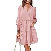 Imily Bela Womens Fall Long Sleeve Tunic Dress Casual V Neck Loose Ruffle Tiered Dress