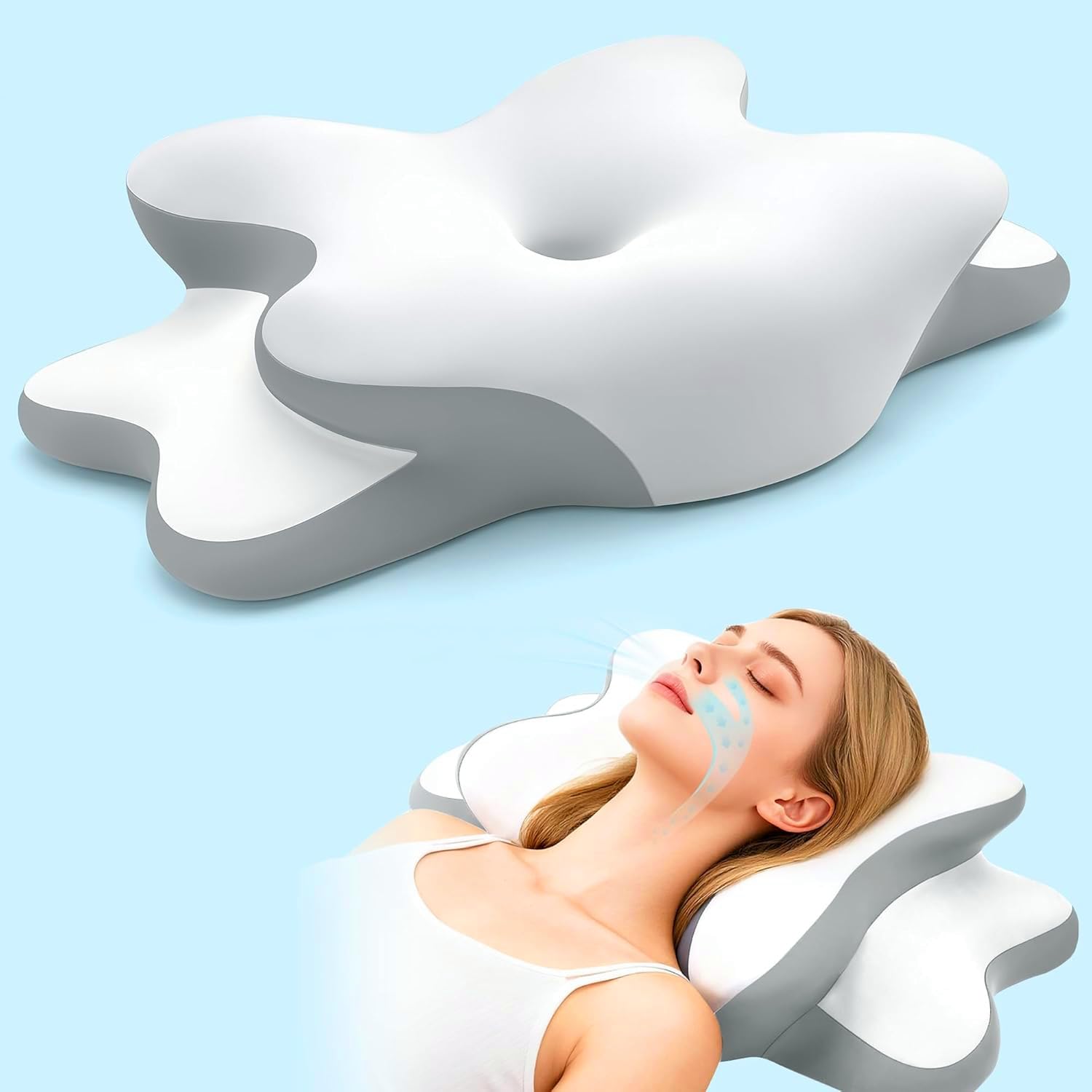 Sleep Apnea Pillow with Neck Pain & Snoring Relief -Orthopedic Cervical Pillow, Ergonomic Contour Memory Foam for Side, Back,Stomach Sleepers, Medium Firm