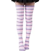 Moon Wood Women Striped Thigh High Socks Coral Fleece Thigh Highs Fuzzy Over Knee Socks Cozy Leg Warmers Valentine