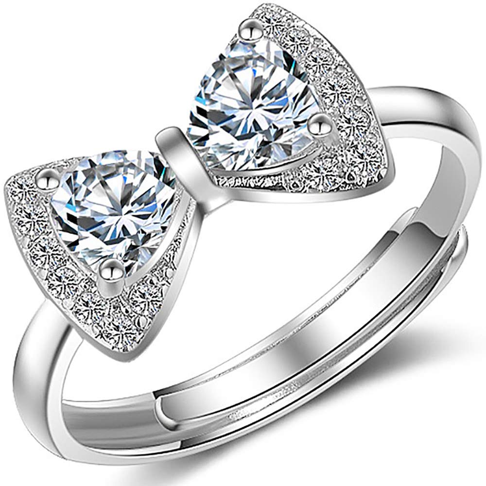 YooAi Bow Knot Rings Cubic Zirconia Adjustable Ring for Women Girl Birthday Valentine Wedding Jewelry Gift Silver