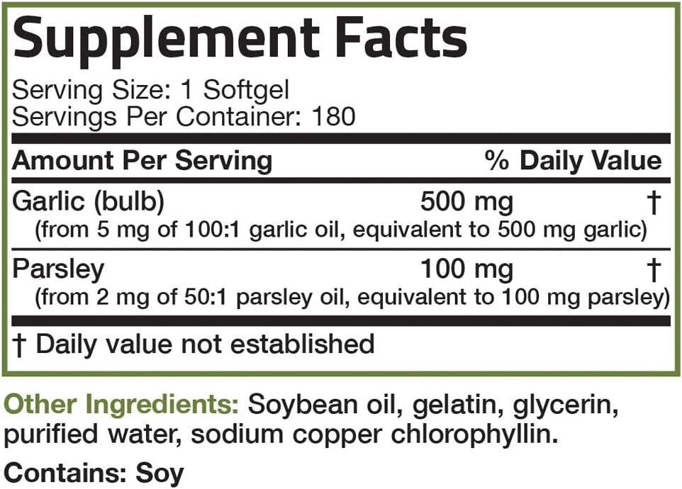 Bronson Odorless Garlic with Parsley Capsules 500 mg - Supports Cardiovascular Health - Promotes Immune Function, Non-GMO, 180 Softels: Health & Personal Care