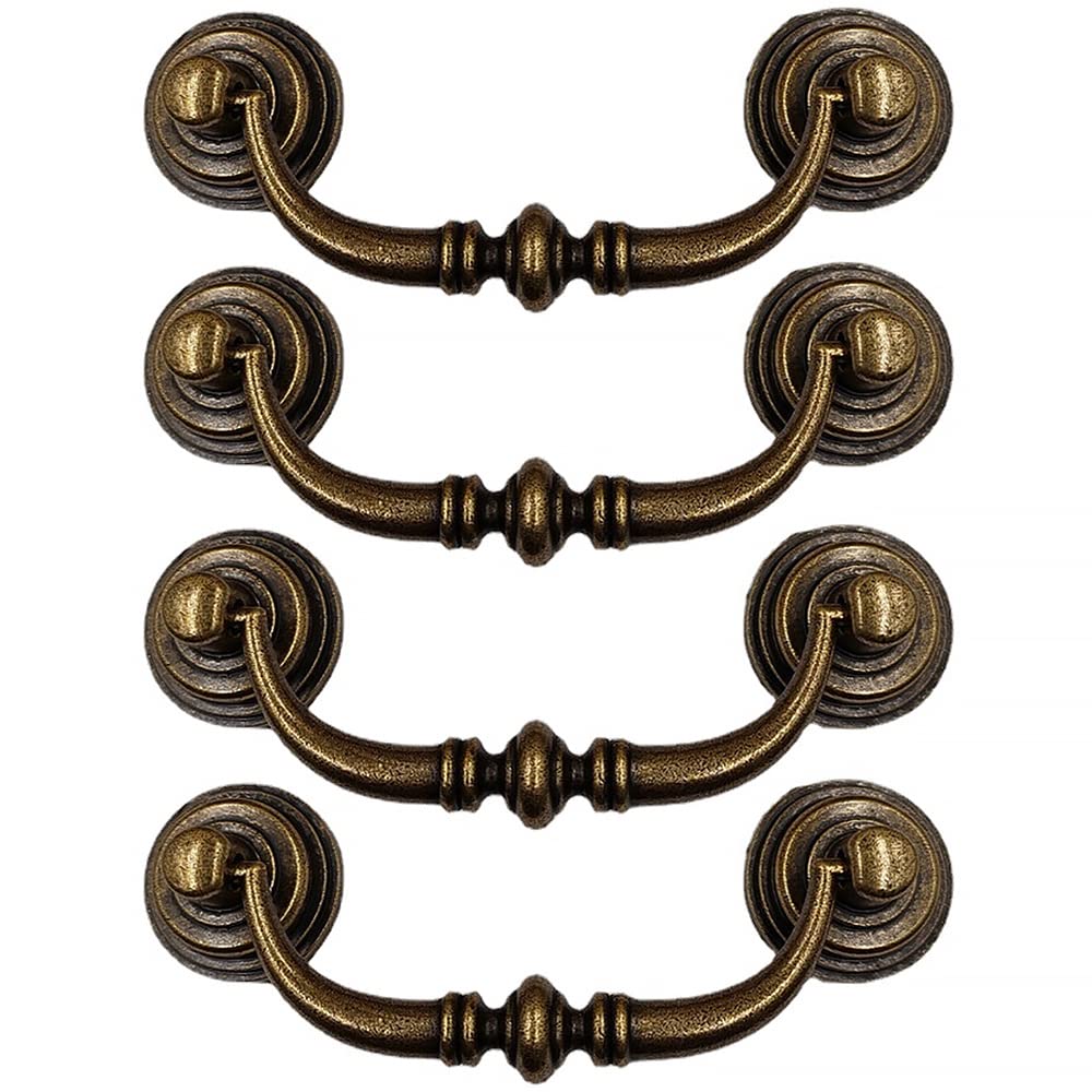 Vintage Cabinet Handle, 4PCS 140mm Cabinet Cupboard Dresser Door Drawer Ring Pull Handle, Antique Furniture Door Pull Handle for Bedroom Wardrobe Dresser Drawer Cabinet (Brass)