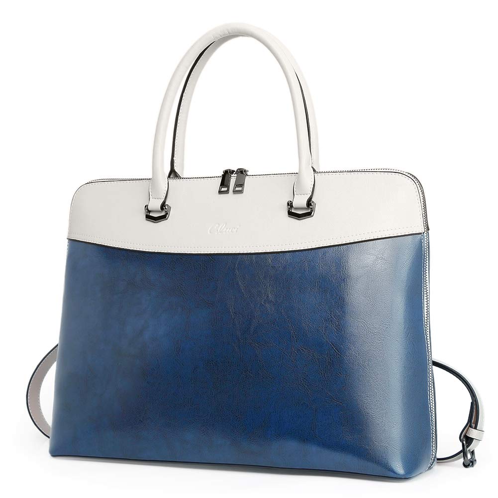CLUCI Briefcase for Women Oil Wax Leather 15.6 Inch Laptop Business Vintage Slim Ladies Shoulder Bag Blue with Beige