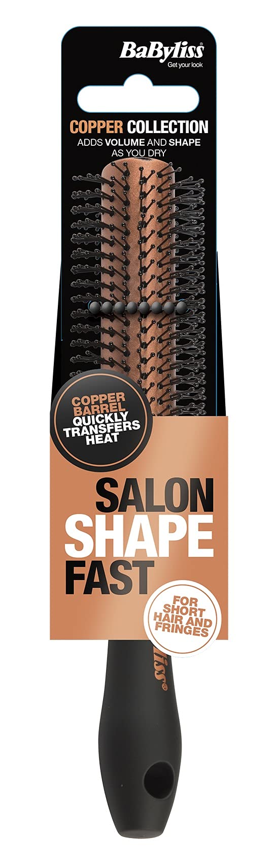 BaByliss Copper Small Barrel Round Hair Brush, Nylon Pins, Round Brush for Blow Drying, Black