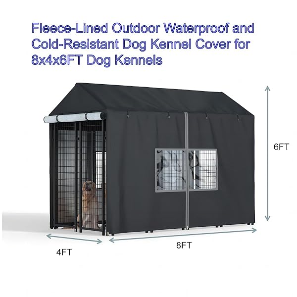 LYBOSH DOG KENNEL COVER 8.1X4.1X6FT – HEAVY DUTY WATERPROOF WINTER INSULATED COVER WITH TRANSPARENT WINDOWS & FLEECE LINING FOR OUTDOOR PET CAGES, BLACK
