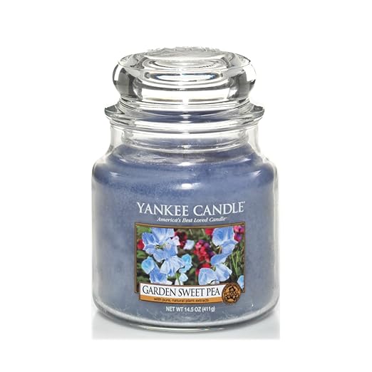 title=Yankee candle 1152870E Garden Sweet Pea Candele in giara media, Vetro, Blu,