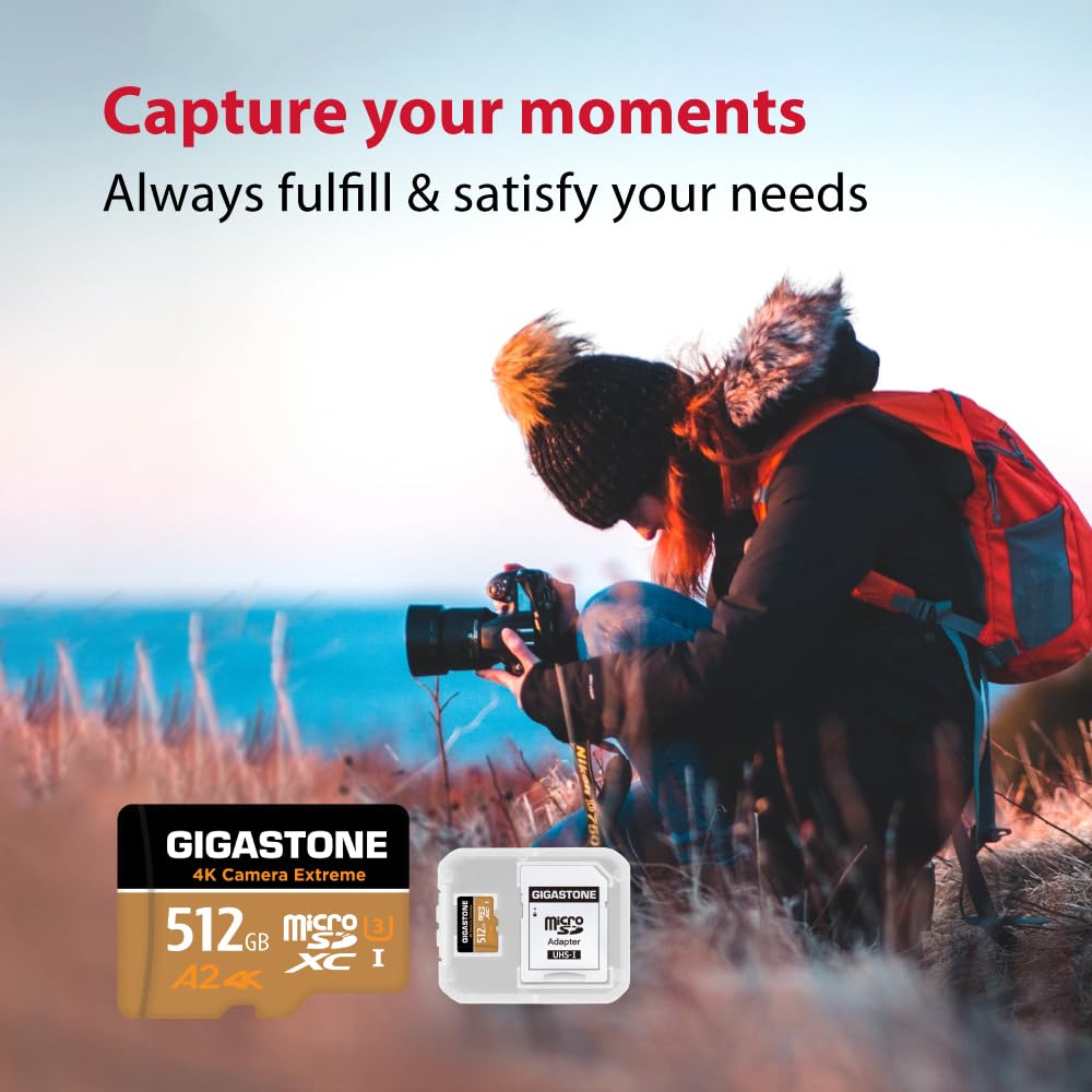 [5-Yrs Free Data Recovery] GIGASTONE 512GB Micro SD Card, 4K Camera Extreme, MicroSDXC Memory Card for GoPro, Action Camera, DJI, UHD Video, Speed up to 100 MB/s, UHS-I U3 A2 V30 C10