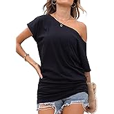Poetsky Women's Summer Off Shoulder Shirts Casual Loose Short Sleeve Tunics Tops