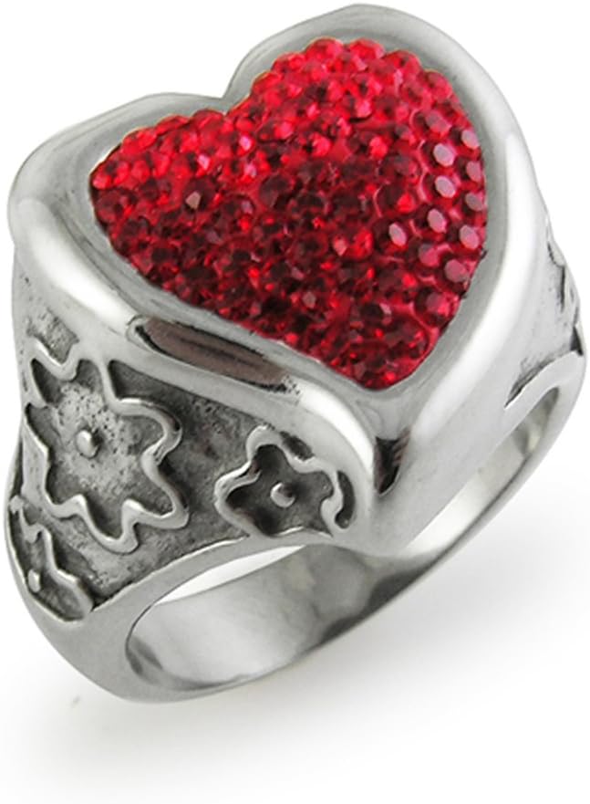 Colorful Red Heart Multi Preciosa Crystal Stone with Flower 316L Surgical Steel Finger Ring Jewelry