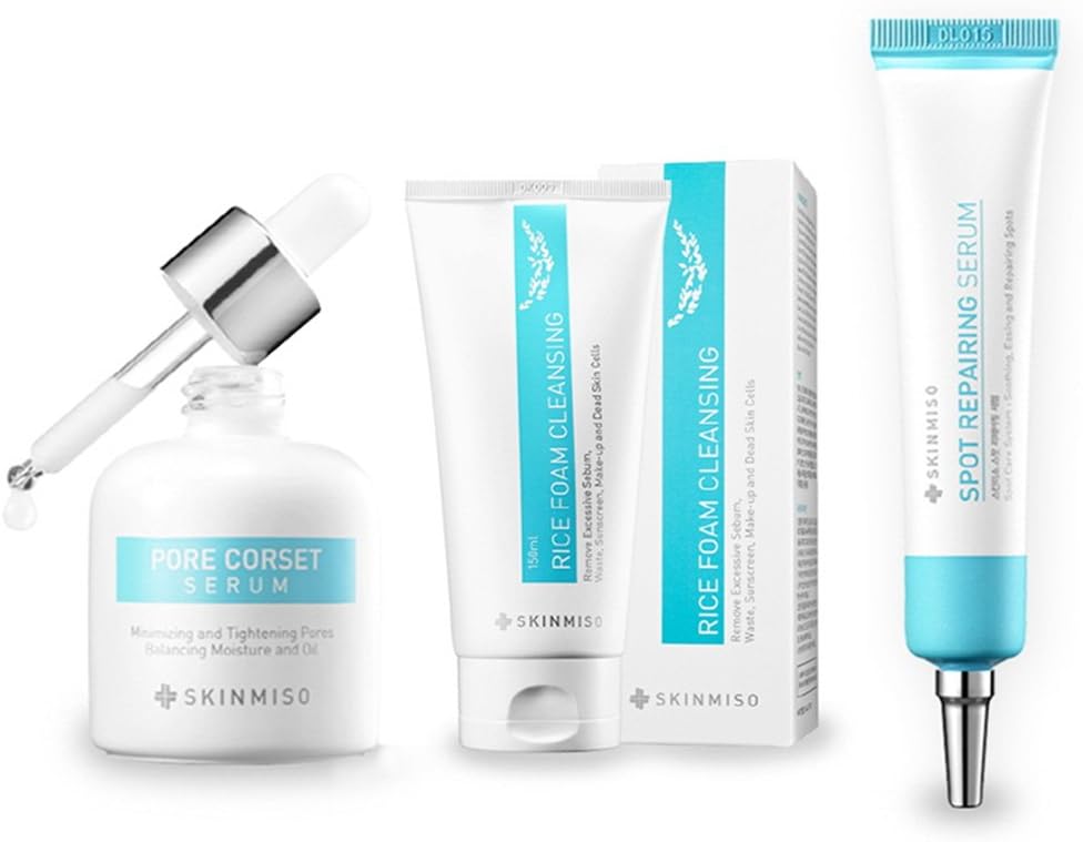 SKINMISO Pore Corset Serum 1 Oz/Spot Repairing Serum 1 Oz/Rice Foam Cleanser 5 Oz Set