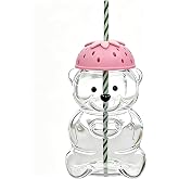 AHJK Bear Straw Cup Glass Bear Cup with Lids and Straws Cute Coffee Mugs 20oz Drinking Water Bottle Reusable Party Mug for Milk Tea, and Cocktails, Dishwasher Safe (Strawberry style)