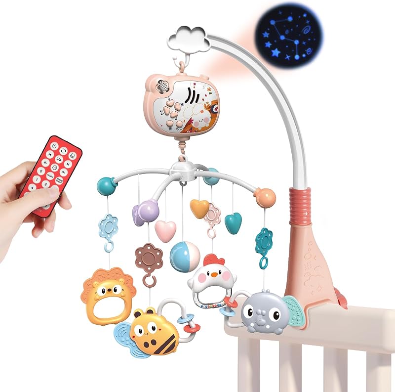Aolso Baby Crib Toy Rabbit Mobile with Music Lights Remote 3 AAA (Pink)
