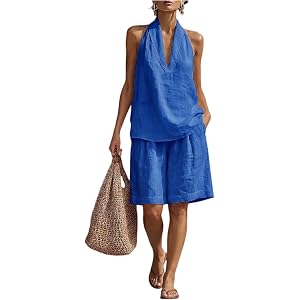yakyamgi Linen Short Sets for Women 2 Piece Outfits V Neck Halter Tank Tops Knee Length Bermuda Shorts Beach Loungewear Set