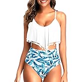 Tempt Me Women Two Piece High Waisted Bikini Set Ruffle Swimsuit Flounce Pom Pom Trim Bathing Suit