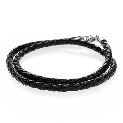 Autiga® Herren Damen Leder-Armband Leder-Halskette Geflochten schwarz Edelstahl 3mm 4mm - viele Längen 17-80 cm
