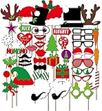 Photo Booth Props, Coxeer 50 Pcs DIY Christmas Photo Booth Reunion Props for New Year Eve Party, Dress Up Costumes with Accessories on a Stick, Mustache, Christmas Hat, Glasses, Lips, Elk Antlers