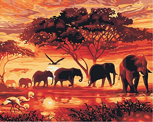 DIY Painting by Numbers for Adults, Children's Paint by Number Kits Drawing With Brushes Paint Suitable for All Skill Levels - Dusk Elephants - Thumbnail 6
