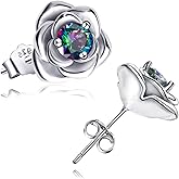 3D Rose Earrings For Women Sterling Silver Cubic Zirconia Rose Flower Stud Earring Rainbow Multicolor Hypoallergenic Ear Jewelry Gifts For Girlfriend Mother Wife Birthday