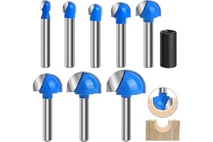 Core Box Router Bit Set, 8Pcs Solid Carbide 1/4 Inch Shank Woodworking Tool with 1/4" to 1" Round Nose Double Flute Bits, for