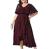 Women Plus Size Long Formal Dress Short Sleeve Chiffon Ruffle V Neck High Low Split Wedding Guest Maxi Dresses