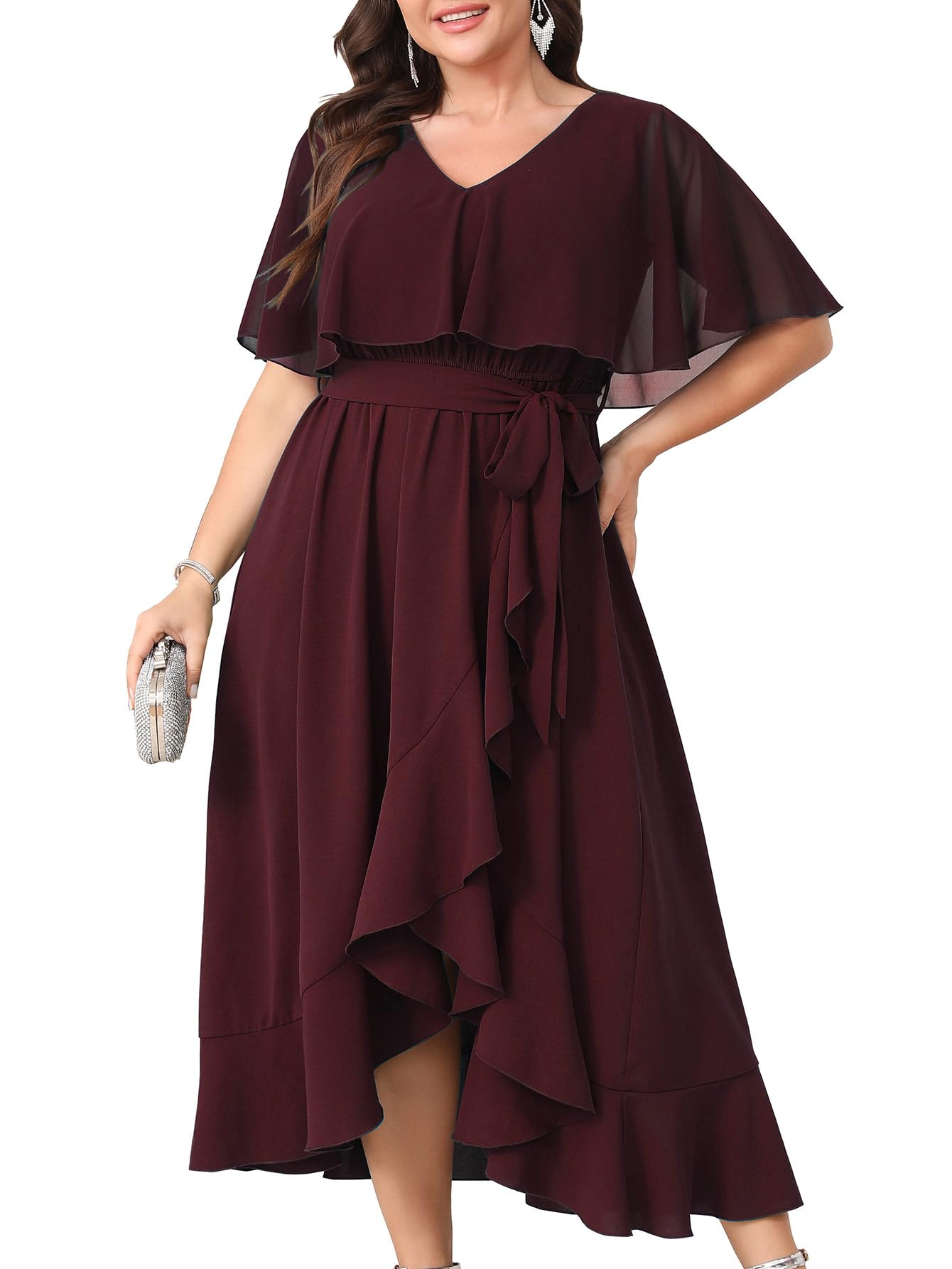 Photo 1 of Women Plus Size Long Formal Dress Short Sleeve Chiffon Ruffle V Neck High Low Split Wedding Guest Maxi Dresses Burgundy