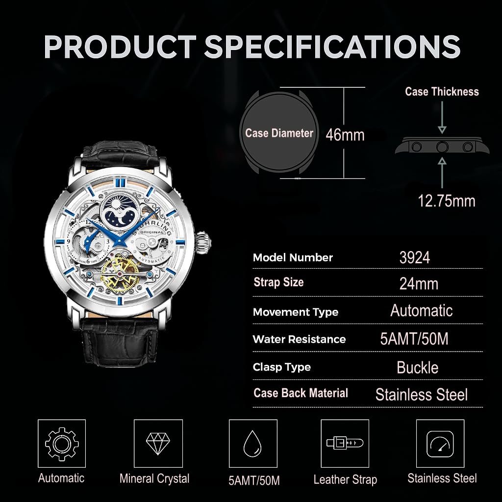 Stuhrling Original Legacy Men's Automatic Watch Stainless Steel 46 MM Case Genuine Leather Strap Watch Black