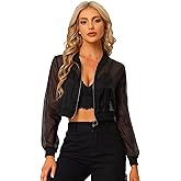 Allegra K Bomber Crop Jacket for Women's Sheer Mesh Lightweight Long Sleeve Jackets