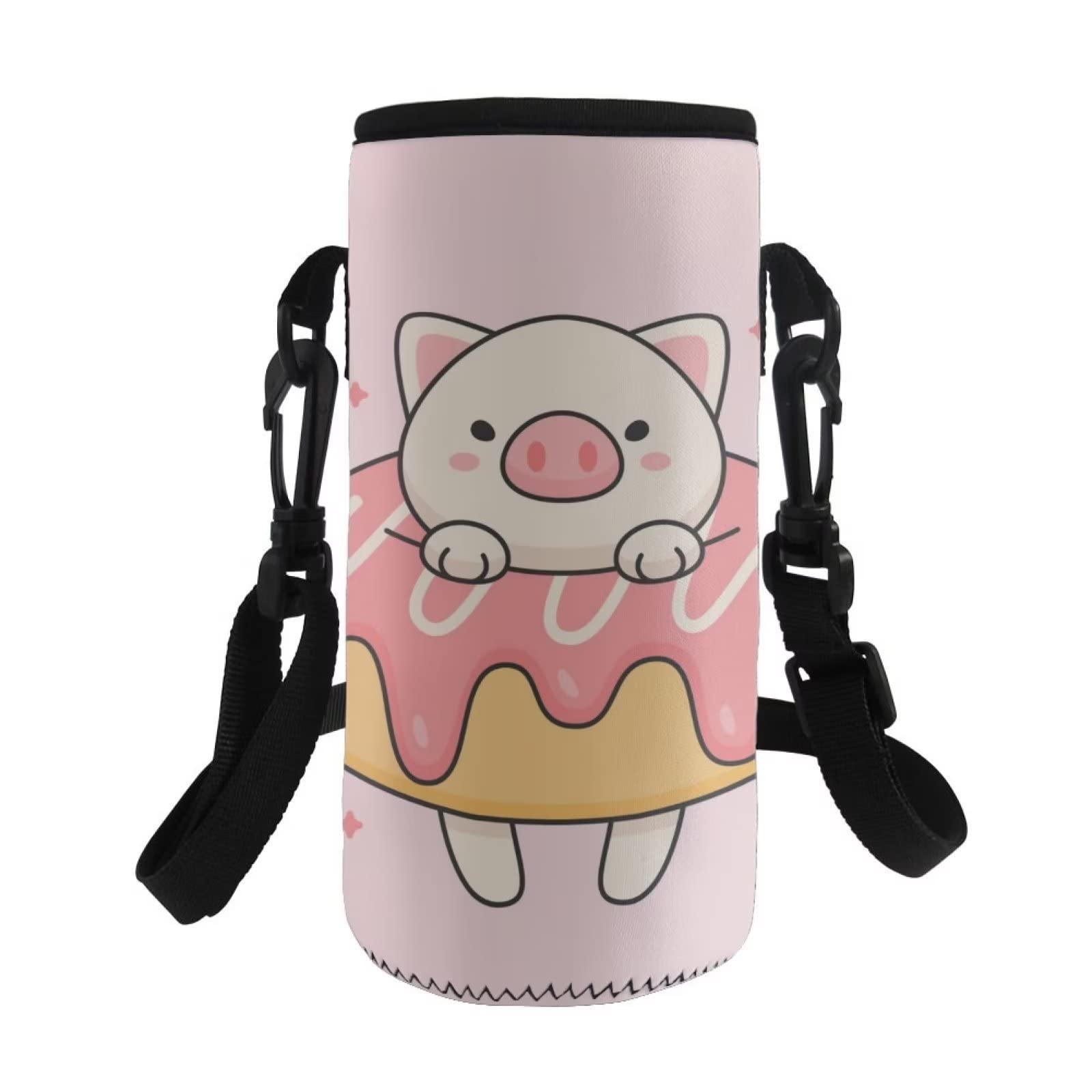 COEQINE Pink Pig Doughnut Print Cute Water Bottle Carrier Bag Adjustable Shoulder Strap for Kids Adult Hiking Walking School Insulated Water Bottle Sling Holder Bag — image 1