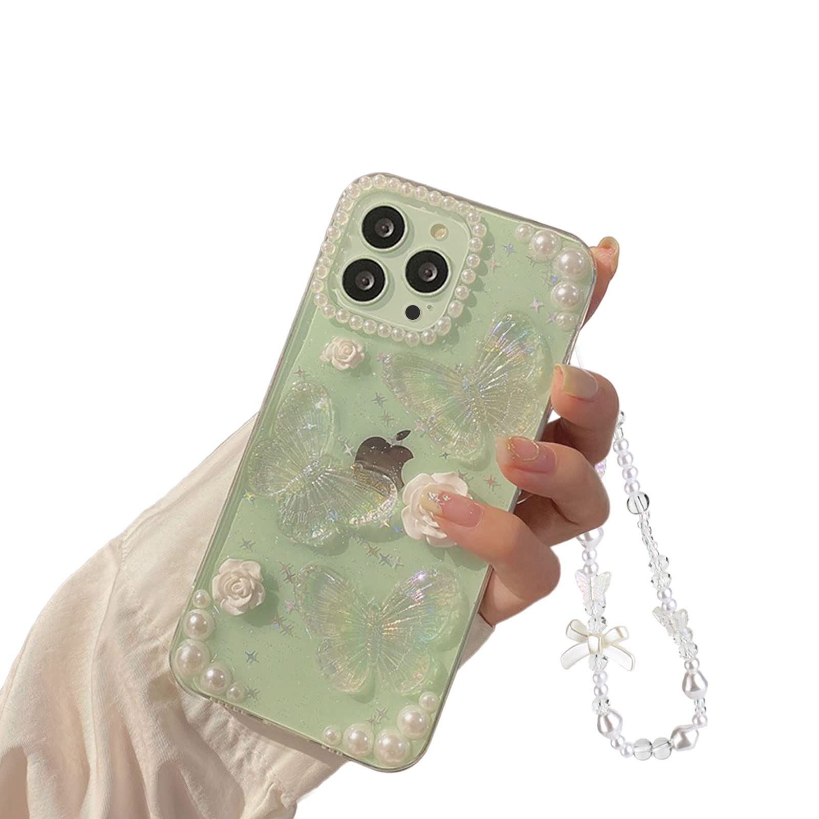Photo 1 of Fycyko Compatible for iPhone 16 Pro Max Case 3D Butterfly Floral Clear with Aesthetic Design Women Girls Glitter Pretty Crystal Sparkle Sparkly Cute Girly Protective Phone Cover+ Pearl Chain