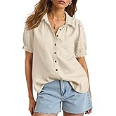 Cicy Bell Womens Puff Short Sleeve Button Down Shirts Summer Casual Collared V Neck Blouse Linen Loose Fit Work Tops