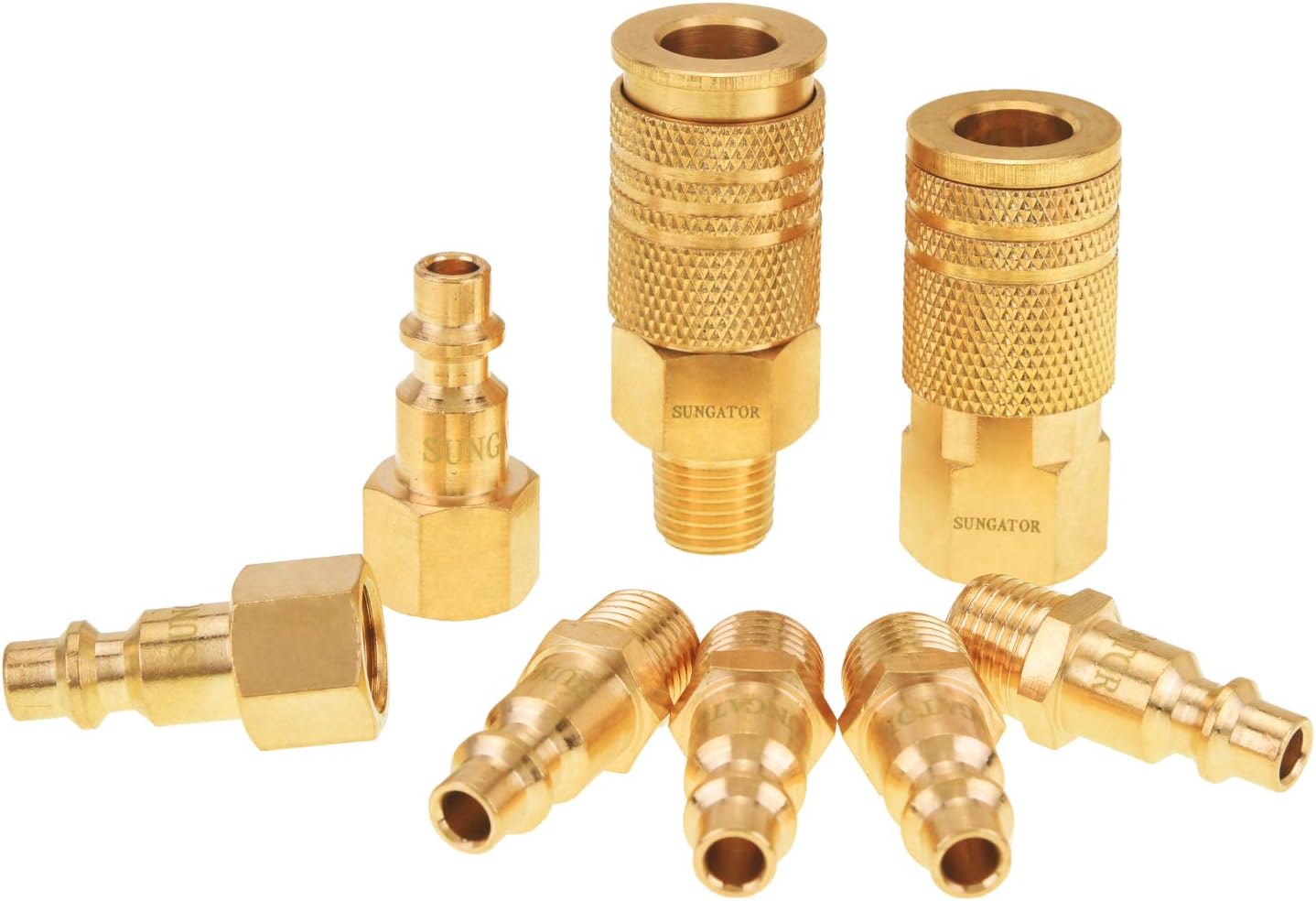 Air Coupler and Plug Kit, SUNGATOR Solid Brass Quick Connector Set, 1/4" Industrial NPT Air Compressor Accessories (8-Piece) - - 