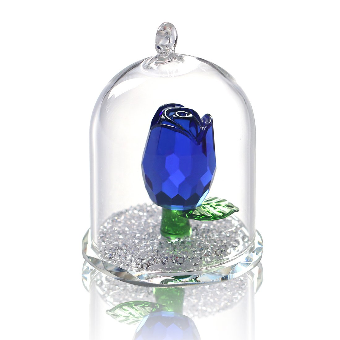 H&D HYALINE & DORAH&D Crystal Enchanted Rose Flower Figurine Dreams Ornament in a Glass Dome Gifts for her (Blue)