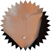 Yheakne Boho Pearl Y Lariat Necklace Gold Bow Pearl Choker Necklace Large Pearl Y Drop Necklace Vintage Pearl Long Necklace Jewelry for Women