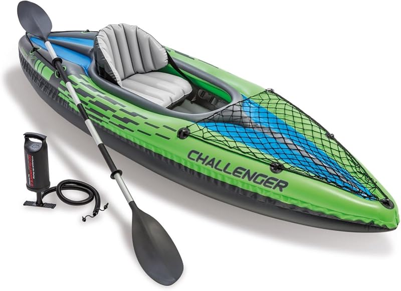 Challenger K1 Kayak 1 Man Inflatable Canoe with Aluminum Oars and Hand Pump, Green/Blue