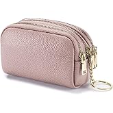 LINNO 3 Zippered Genuine Leather Coin Purse Triple Capacity Change Pouch Little Travel Wallet With Key Ring for Women