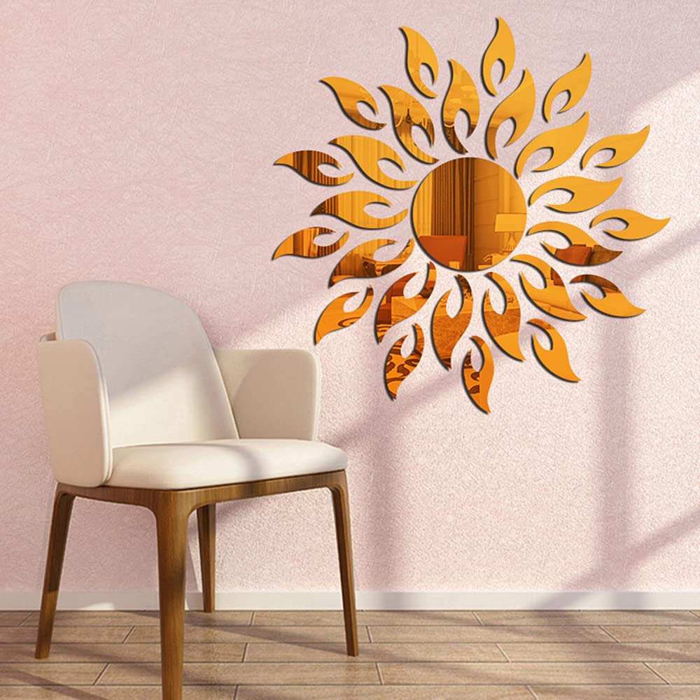 LZYMSZ 3D Sunflower Mirror Wall Stickers Round Acrylic Living Room Bedroom TV Background Wall Stickers Wedding Room Entrance Home Decor (Gold)
