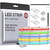 BTF-LIGHTING FCOB COB RGB LED Strip 810LED/m 16.4FT DC12V Color Changing Flexible High Density Uniform Light 10mm Width for Bedroom Home Indoor Decor(No Adapter or Controller)