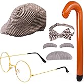 Yewong Kids Old Man Costume Grandpa Accessories Beret Hat Mustache Eyebrows Inflatable Cane Glasses Bowite Set