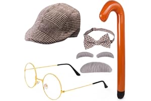 Yewong Kids Old Man Costume Grandpa Accessories Beret Hat Mustache Eyebrows Inflatable Cane Glasses Bowite Set