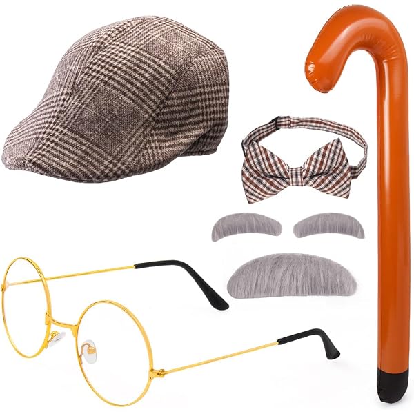 Dxhycc Old Man Costume Set - Halloween Accessories With Glasses, Inflatable Cane & Moustache - View #4