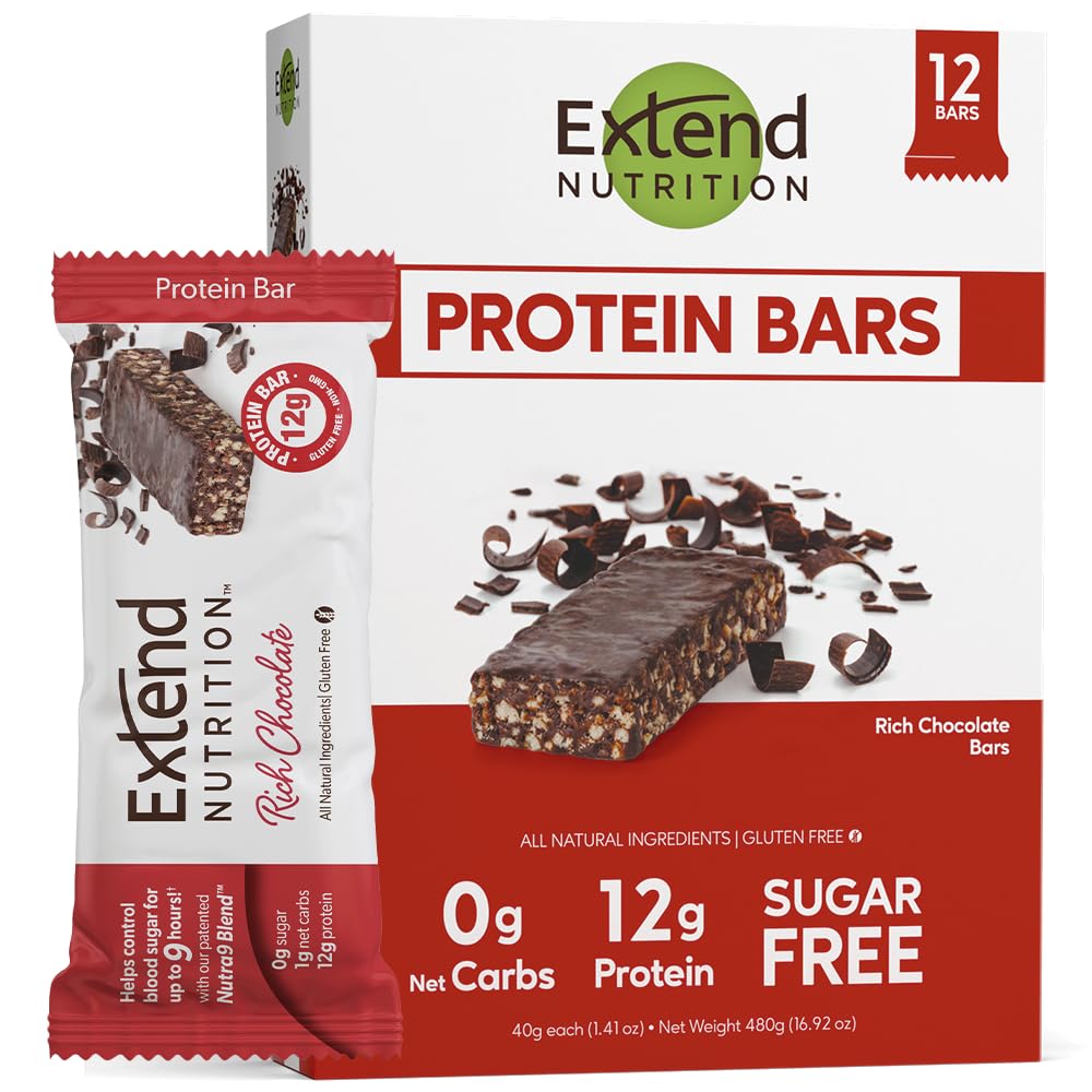 Extend Nutrition Sugar Free High Protein Bars, Perfect Sugar Free Snacks for Diabetes, Protein Bars for Hunger Control & Steady Energy, Low Carb, Keto, Intermittent Fasting, Rich Chocolate, 12 Count