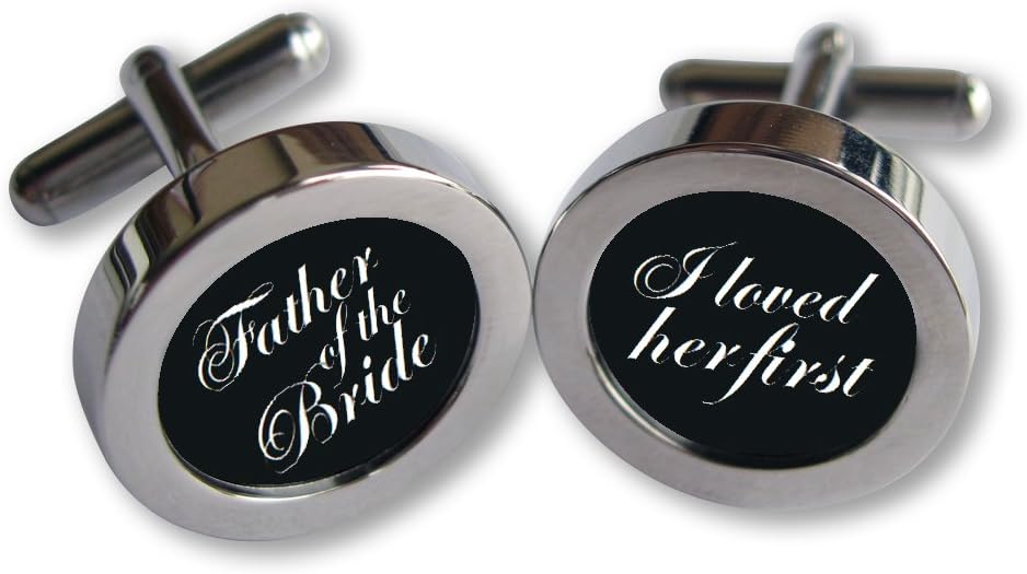 Father of the Bride Cufflinks - Handmade - I Loved Her First - White Script Font - Black Background