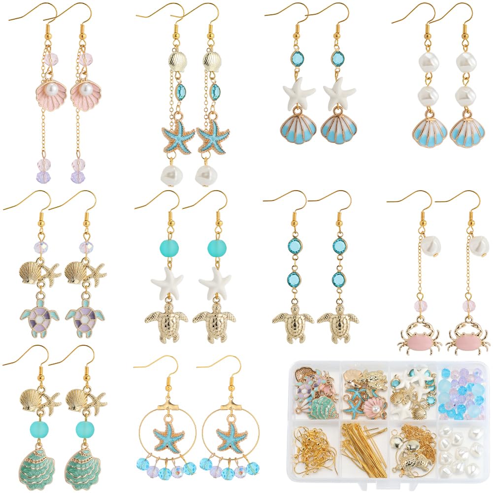 SUNNYCLUE 1 Box DIY 10 Pairs Summer Earring Making Kit Marine Life Charms Enamel Assorted Light Gold Shell Crab Turtle Fish Ocean Theme Life Bead For Jewellery Making Kits Dangle Earrings Supplies