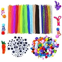 Acerich 600 Pcs Assorted Colors Pipe Cleaners Set, Including 200 Pcs 20 Colors Craft Chenille Stems, 150 Pcs 6 Size Wiggle Googly Eyes and 250 Pcs Multi Sized Pompoms for DIY Art Supplies